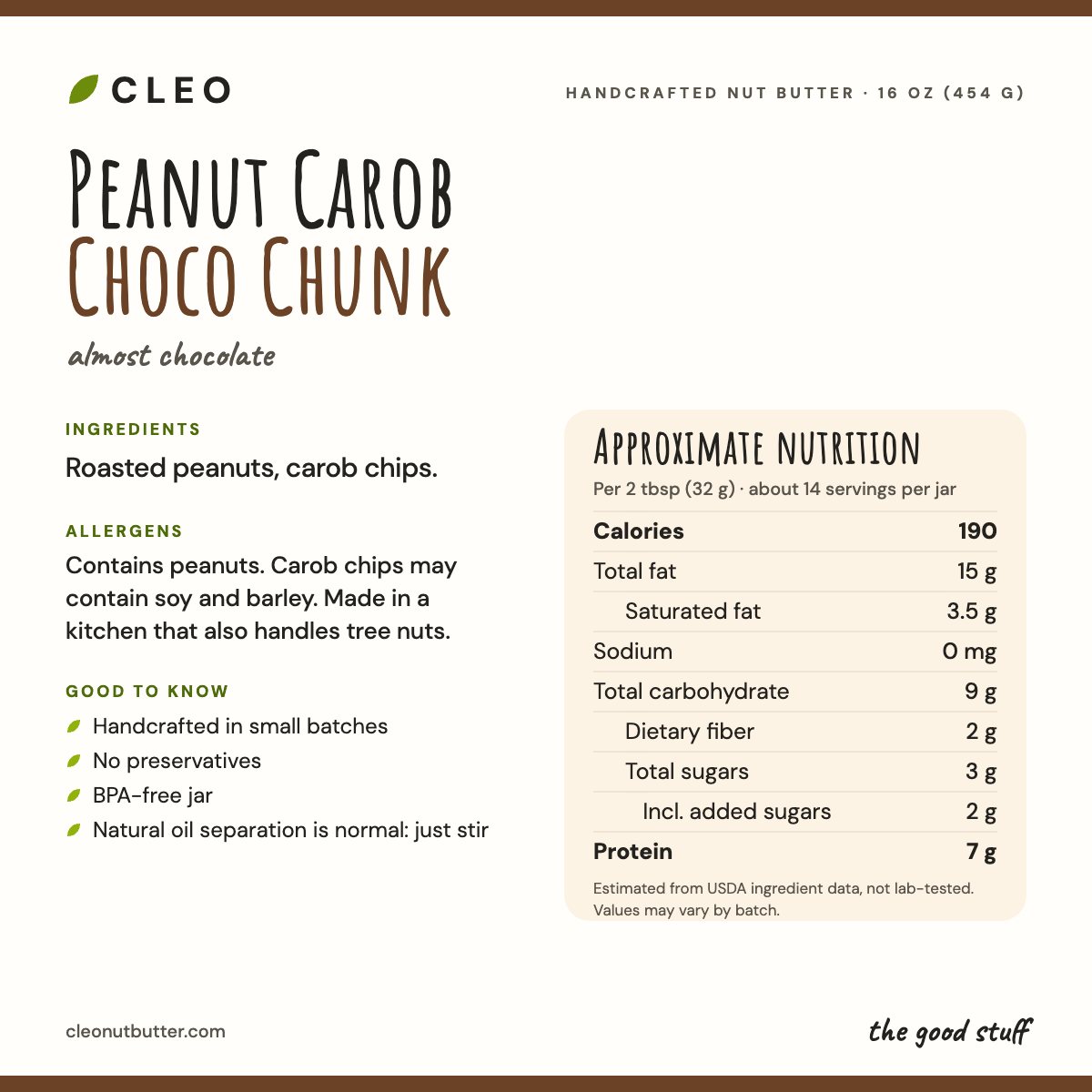 Cleo Nut Butter Co Peanut Carob Choco Chunk info card showing ingredients (roasted peanuts, carob chips), allergen note, and approximate nutrition per 2 tbsp serving.