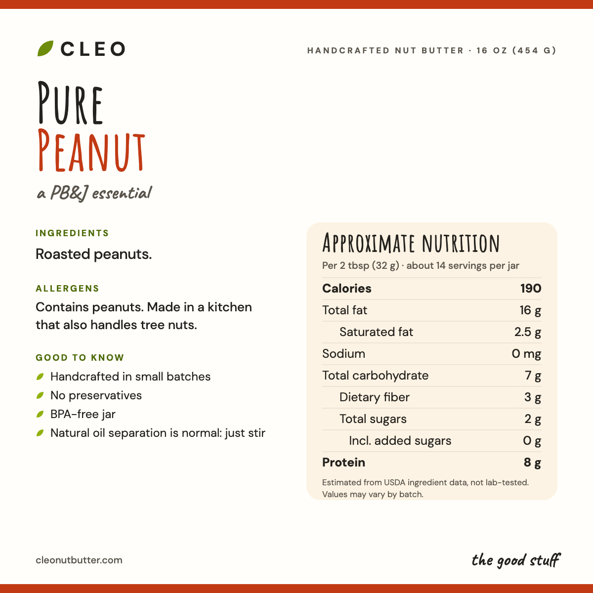 Cleo Nut Butter Co Pure Peanut info card showing ingredients (roasted peanuts), allergen note, and approximate nutrition per 2 tbsp serving.