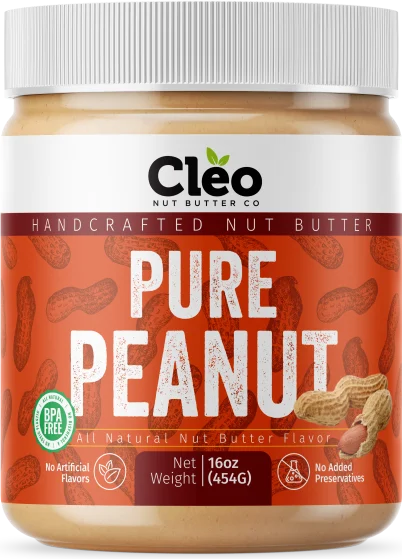 Jar of Cleo Nut Butter Co Pure Peanut butter, 16 oz (454 g), with a white lid and an orange label.