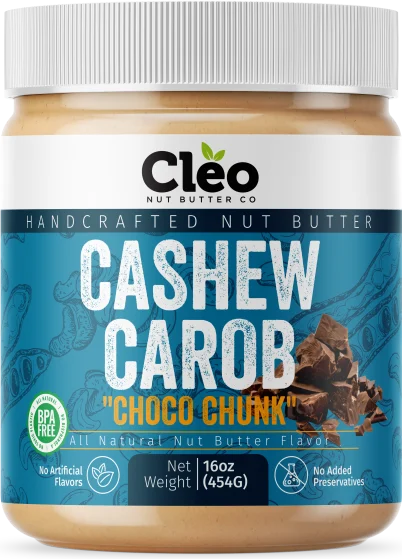 Jar of Cleo Nut Butter Co Cashew Carob "Choco Chunk" butter, 16 oz (454 g), with a white lid and a blue label.