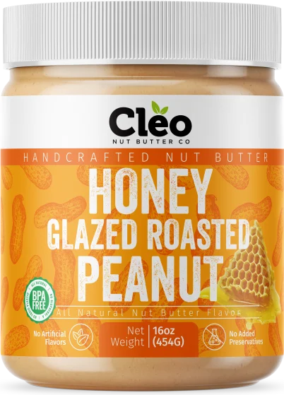 Jar of Cleo Nut Butter Co Honey Glazed Roasted Peanut butter, 16 oz (454 g), with a white lid and an orange label.