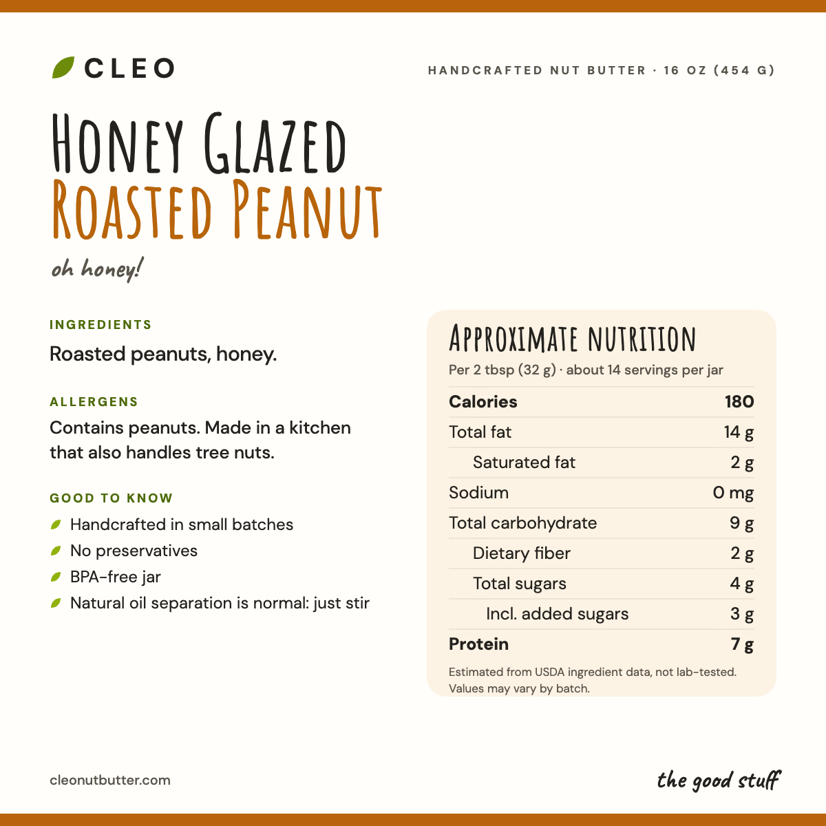 Cleo Nut Butter Co Honey Glazed Roasted Peanut info card showing ingredients (roasted peanuts, honey), allergen note, and approximate nutrition per 2 tbsp serving.