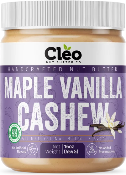 Jar of Cleo Nut Butter Co Maple Vanilla Cashew butter, 16 oz (454 g), with a white lid and a purple label.