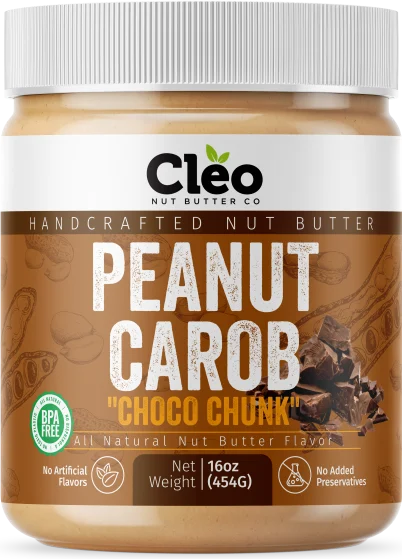 Jar of Cleo Nut Butter Co Peanut Carob "Choco Chunk" butter, 16 oz (454 g), with a white lid and a brown label.
