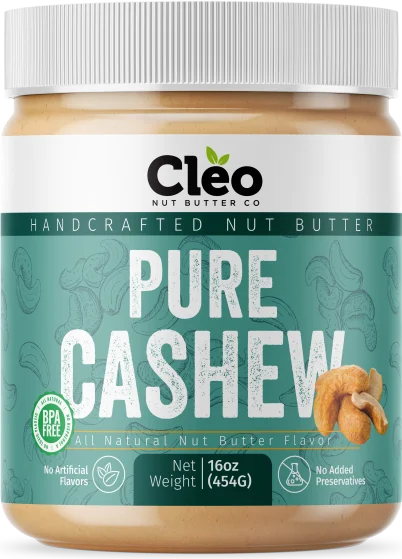 Jar of Cleo Nut Butter Co Pure Cashew butter, 16 oz (454 g), with a white lid and a teal label.