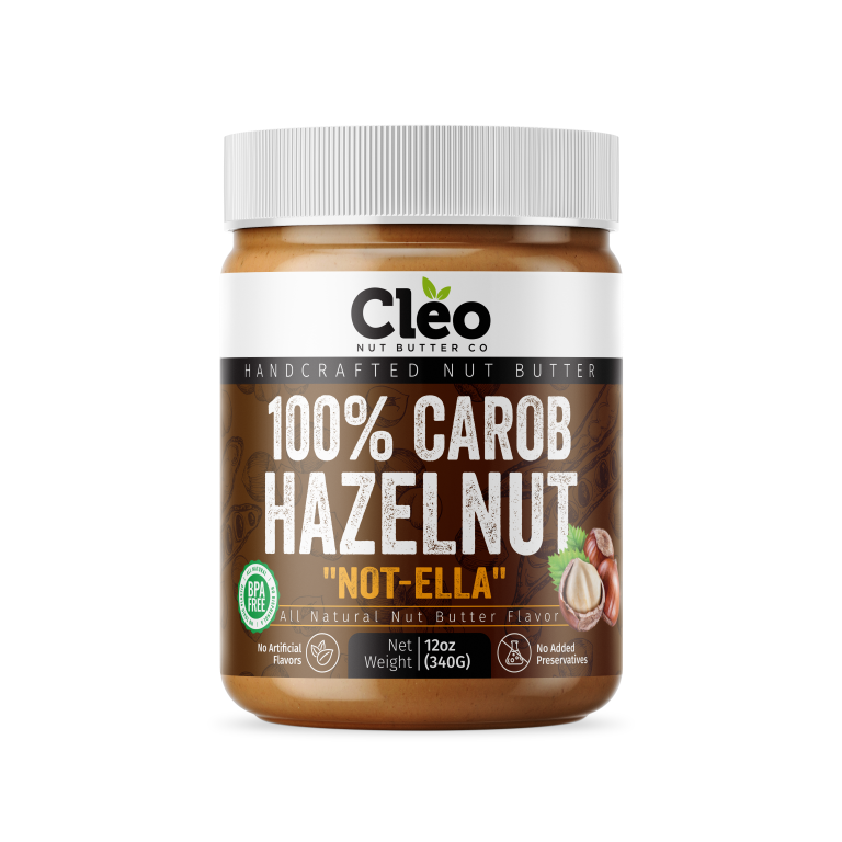 Front view of a jar of Cleo Nut Butter Co Not-Ella Carob Hazelnut Spread, 12 oz (340 g), brown label with a hazelnut illustration.