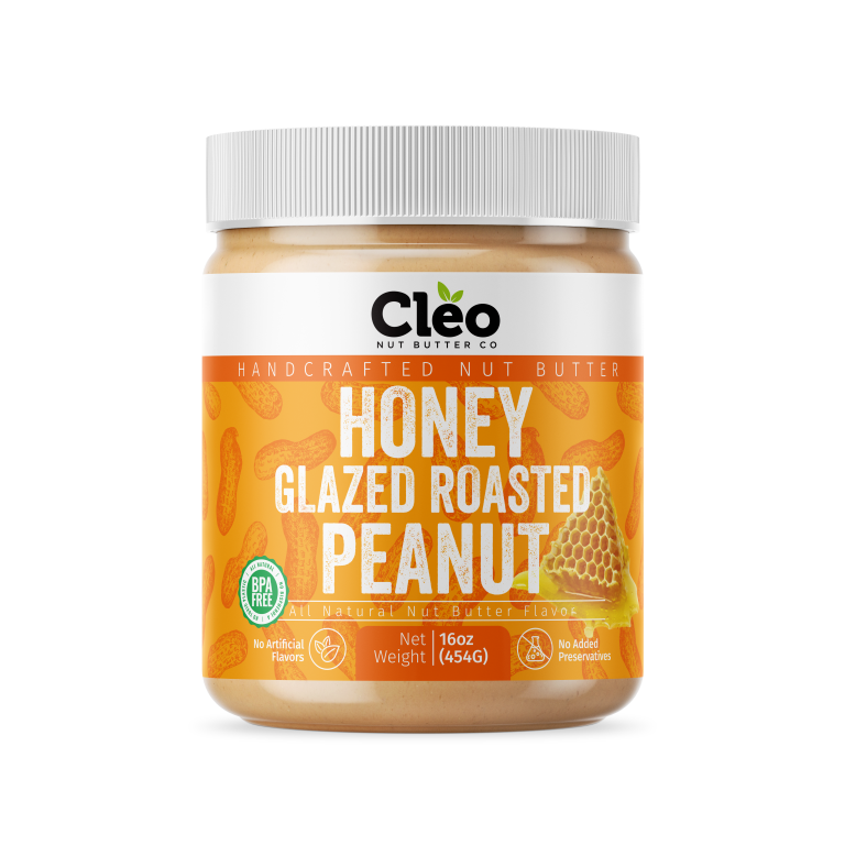 Front view of a jar of Cleo Nut Butter Co Honey Glazed Roasted Peanut butter, 16 oz (454 g), orange label with a honeycomb illustration.