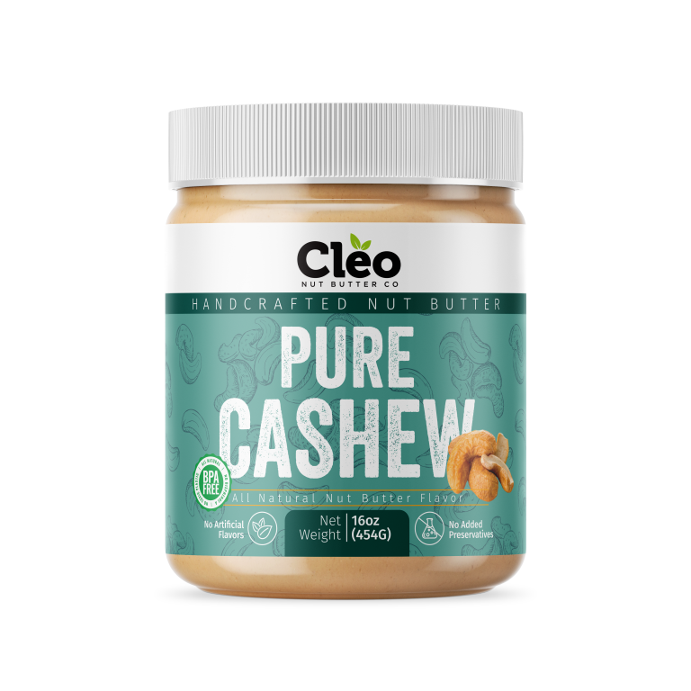 Front view of a jar of Cleo Nut Butter Co Pure Cashew butter, 16 oz (454 g), teal label with cashew illustrations.