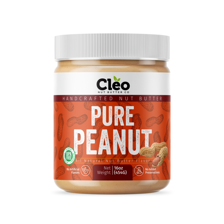 Front view of a jar of Cleo Nut Butter Co Pure Peanut butter, 16 oz (454 g), orange label with peanut illustrations.