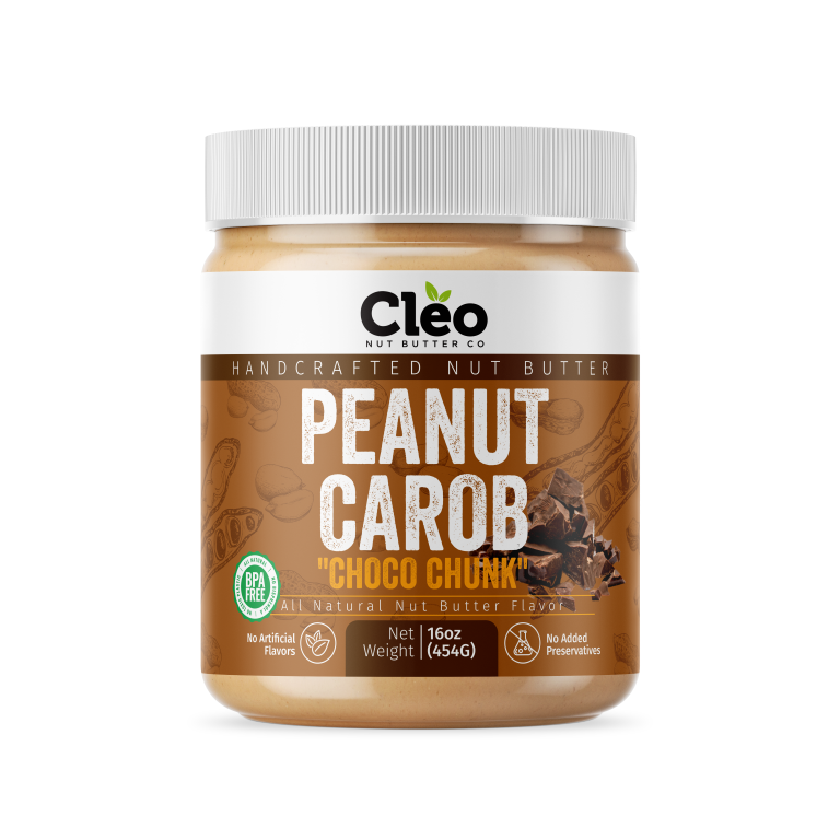 Front view of a jar of Cleo Nut Butter Co Peanut Carob "Choco Chunk" butter, 16 oz (454 g), brown label with carob chunks.