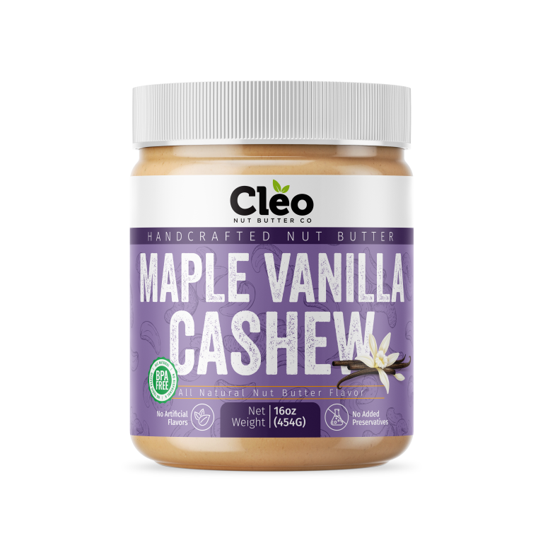 Front view of a jar of Cleo Nut Butter Co Maple Vanilla Cashew butter, 16 oz (454 g), purple label with a vanilla flower.